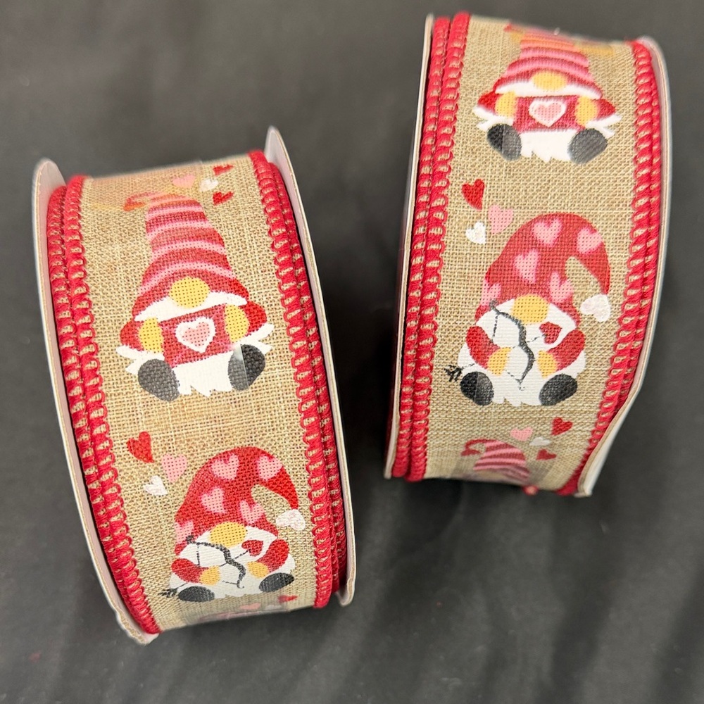 Gnome Print Ribbon with Red Trim 2 rolls in the bundle 1.5 inch x 10 yards new